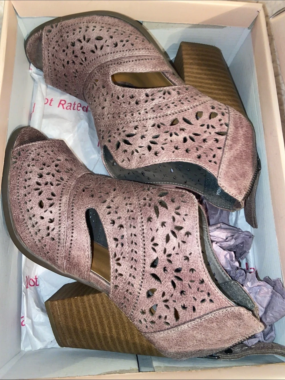 Not Rated Peep-Toe Laser-Cut Block Heel Booties in Brown/Grey - wore once